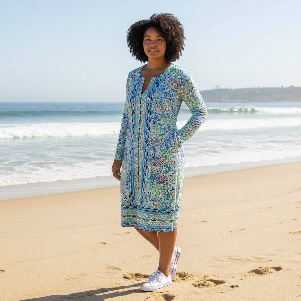 Lilly Pulitzer Sophie UPF 50+ Long Sleeve Dress Blue Green Floral XXS